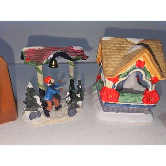 Christmas Village Doll Maker Boy In Gazebo Poinsettia Gazebo 2 Trees 5 Pieces! - Picture 5 of 6